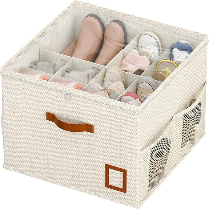 Shoe Organizer for Closet, 1 Pack Foldable Shoe Storage Organizer Box with Adjustable Dividers and Clear Cover, Space Saving Shoe Box with Reinforced Handles, Fits 8-16 Pairs, White
