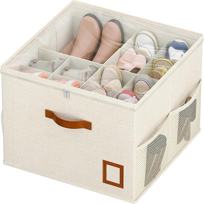 Shoe Organizer for Closet, 1 Pack Foldable Shoe Storage Organizer Box with Adjustable Dividers and Clear Cover, Space Saving Shoe Box with Reinforced Handles, Fits 8-16 Pairs, White
