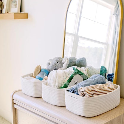 NaturalCozy 11.8"x8"x4.5” Storage Baskets for Shelves 3 Pack | Cotton Rope Woven Small Baskets for Organizing | Small Storage Bins for Nursery, Bathroom, Closet, Cube Shelf, Decorative, Gift Basket