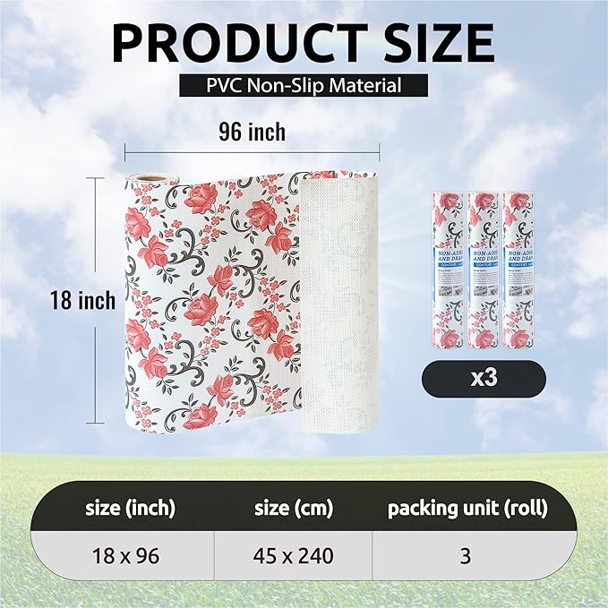 FIFTY FEET 18X96 Inch Shelf Liner for Kitchen Cabinets, PVC Drawer Liner for Dresser Non-Slip Bathroom, Non-Adhesive Cabinet Liner Washable (Red Floral)(3 Roll)