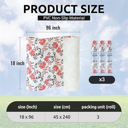 FIFTY FEET 18X96 Inch Shelf Liner for Kitchen Cabinets, PVC Drawer Liner for Dresser Non-Slip Bathroom, Non-Adhesive Cabinet Liner Washable (Red Floral)(3 Roll)
