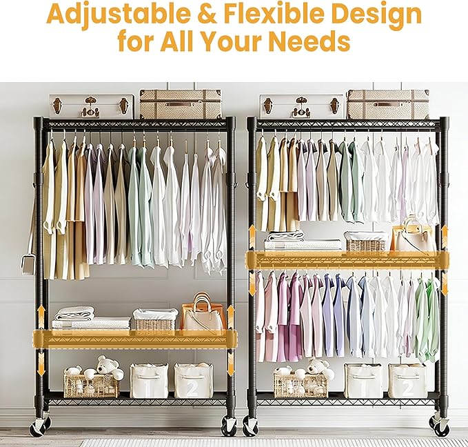 Garvee 3 Tier Clothes Rack with Wheels, Adjustable Shelves & 2 Hanging Rod, Heavy Duty Clothing Rack Closet Organizer Freestanding Wardrobe for Hanging Clothes, 79.6" H x 45.3" W x 15.8" D, Black