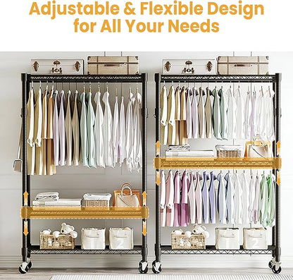 Garvee 3 Tier Clothes Rack with Wheels, Adjustable Shelves & 2 Hanging Rod, Heavy Duty Clothing Rack Closet Organizer Freestanding Wardrobe for Hanging Clothes, 79.6" H x 45.3" W x 15.8" D, Black