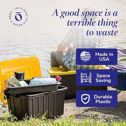 HOMZ 4-Pack Durabilt Tote, Heavy Duty Plastic Storage Bins with Lids, 27 Gallon, Black/Yellow - Stackable Organizing Containers for Home, Garage, and Shed