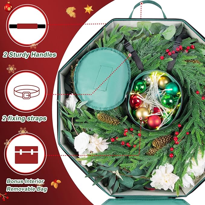 Wreath Storage Christmas Garlands Bag with Interior Pockets Large Xmas Container Box for Holiday Decorations Case with Dual Zipper and Handles Window Labeling Card Slot 24" Green