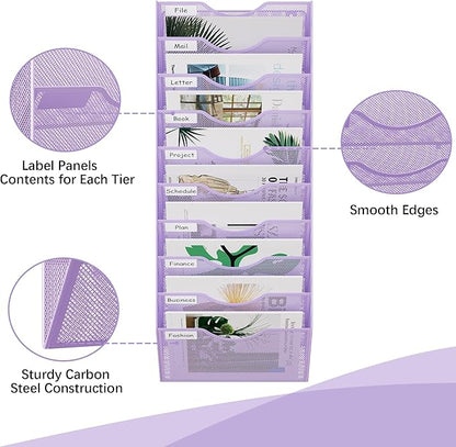 EasyPAG 10 Pocket Mesh Wall File Organizer, Hanging Paper Folder Holder with Classify Label, Vertical Wall Mount Mail Organizer for Office Home Classroom, Purple