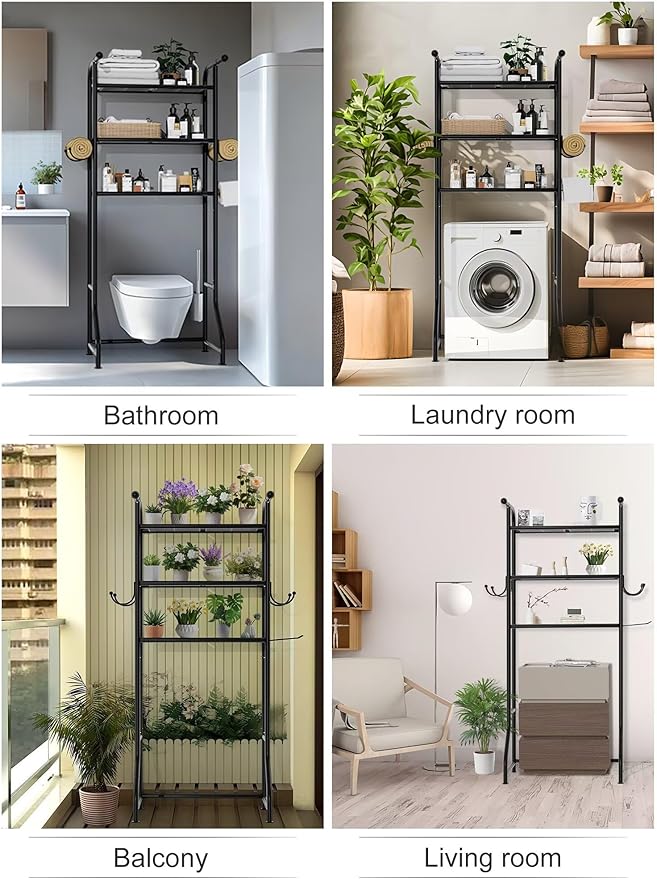 JUKAMO 3-Tier Over The Toilet Storage Shelf，Bathroom Organizers and Storage Over Toilet，Metal Bathroom Space Saver with 2 Bars，1 Paper Holder and 4 Hooks,Black
