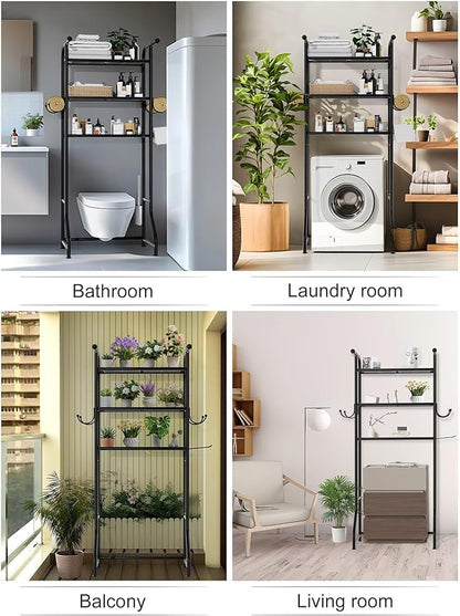 JUKAMO 3-Tier Over The Toilet Storage Shelf，Bathroom Organizers and Storage Over Toilet，Metal Bathroom Space Saver with 2 Bars，1 Paper Holder and 4 Hooks,Black