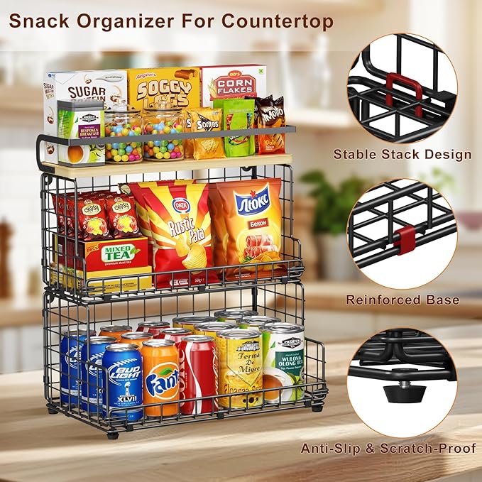 X-cosrack 3-Tier Stackable Snack Organizer with Pine Wood Top-Trapezoid Metal Wire Basket, Countertop & Wall Mounted Snack Holder for Kitchen Pantry Cabinet, Muti-functional Food Fruit Stoarge, Black