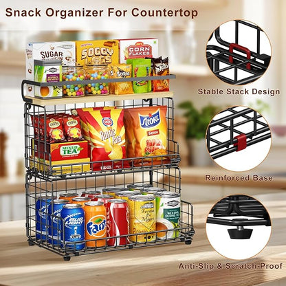 X-cosrack 3-Tier Stackable Snack Organizer with Pine Wood Top-Trapezoid Metal Wire Basket, Countertop & Wall Mounted Snack Holder for Kitchen Pantry Cabinet, Muti-functional Food Fruit Stoarge, Black
