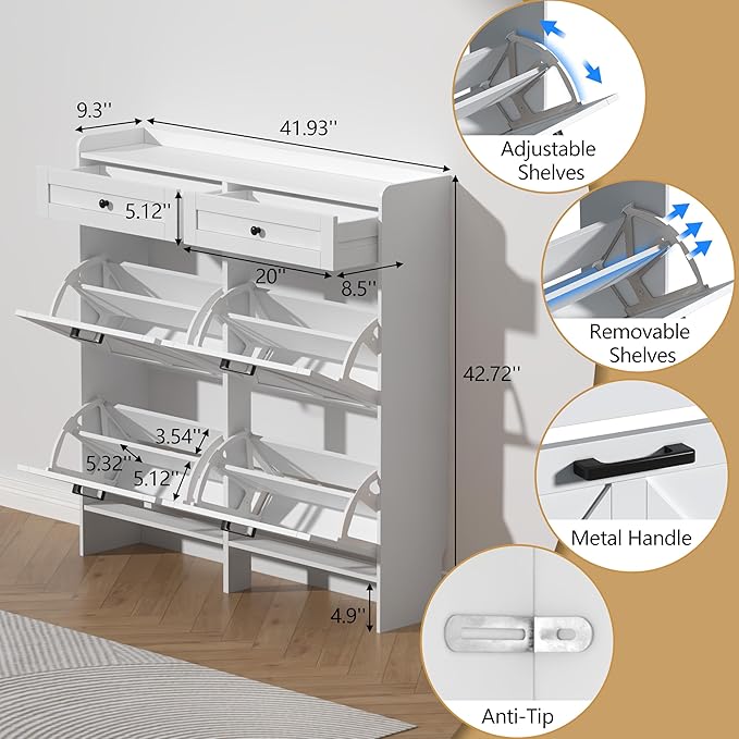 Shoe Cabinet with 4 Flip Drawers & 2 Storage Drawers, Rustic Farmhouse Narrow Shoe Organizer Cabinet, Slim Shoe Rack Cabinet, Shoe Storage Cabinet for Entryway, Hallway, Front Door