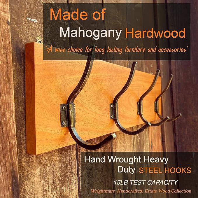 Coat Rack, Handmade, 4 Hanger Hook, Mahogany Hardwood, Durable Rustic Wall Mount, Versatile Hanger for Entryway, Bedroom, Bathroom, Farmhouse Boho Decor, 18" Natural Finish