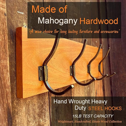 Coat Rack, Handmade, 4 Hanger Hook, Mahogany Hardwood, Durable Rustic Wall Mount, Versatile Hanger for Entryway, Bedroom, Bathroom, Farmhouse Boho Decor, 18" Natural Finish