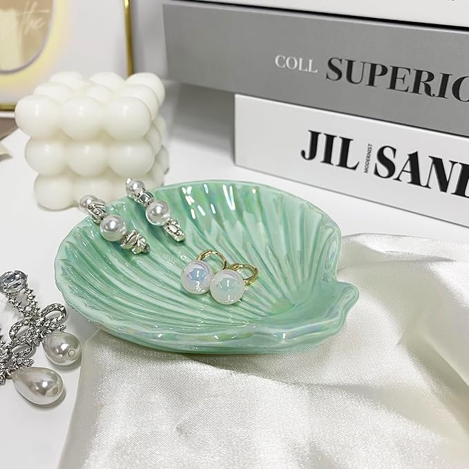 Ceramic Shell Ring Holder Dish, Small Shell Trinket Dish, Beachy Jewelry Plate for Earrings Necklace Valentine's Mother's Day Christmas Birthday Gifts for Women, 3.9", Ice Green Iridescent Surface