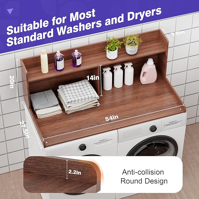 Washer Dryer Countertop with 2 Tier Shelf, 27.5" W × 54" L Laundry Wood Countertop with Edge Rails for Laundry Room Organization and Storage (Walnut)