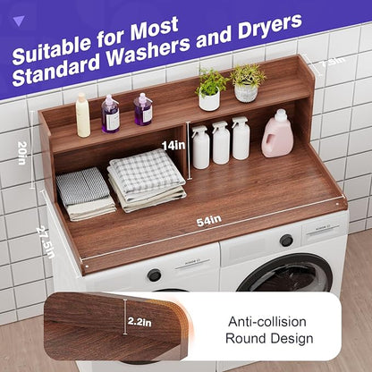 Washer Dryer Countertop with 2 Tier Shelf, 27.5" W × 54" L Laundry Wood Countertop with Edge Rails for Laundry Room Organization and Storage (Walnut)