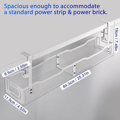 Under Desk Cable Management Box 25.3 Inch – Clamp-Mounted Cable Organizer Tray, Large Cord Management Box for Office & Home, Wire Organizer Under Desk Storage, White