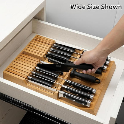 Utoplike In-drawer Knife Block Bamboo Kitchen Knife Drawer Organizer Large, Handle Steak knife Holder without Knives, Fit for 16 Knives and 1 Sharpening Steel (Knives & Sharpening Not Included)