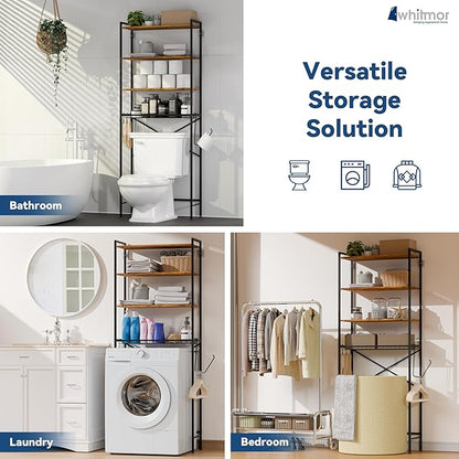 Laundry Room Storage Shelf & Organizer, 4 Tier Over Metal Washer and Dryer Shelves, Washing Machine Shelf, Adjustable Height & Feet, Bathroom Space Saver Shelf, 23.8”W x 9.9”D x 68.1”H, Black