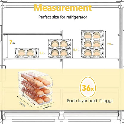 Egg Holder for Fridge, Automatic Steady Rolling Egg Container with Soft Bumpers & Handle for Refrigerator, Stackable Fridge Organizers and Storage with Lid