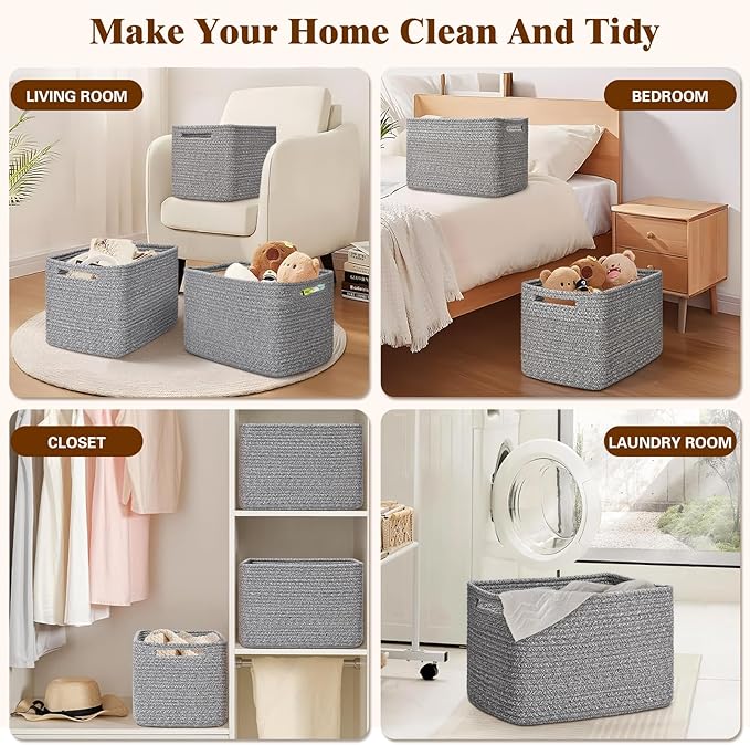 Storage Baskets for Organizing, 4 Pack Storage Baskets for Shelves, Woven Basket for Shelves, Closet Organization, Rectangle Organizer Basket Gifts Empty, 13"Lx8.7"Wx7.9"H Decorative Bins with Handles