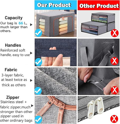 SWEERI Large Capacity Clothes Storage Bags,Stackable Storage Organizer with Foldable Metal Frame, 2-Way Zipper, Handles, Clear Window for Clothes, Bedding, Seasonal Storage (3Pack, 66L)