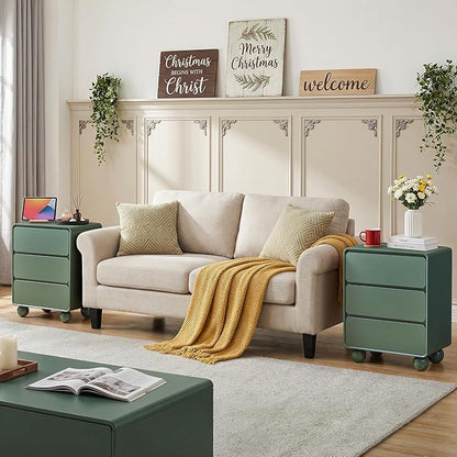 AVZEAR Wooden Night Stand wth 3 Drawer Dresser Mid Century Modern End Table Chest of Drawers, Solid Wood Legs & Curved Profile Design, Farmhouse Side Table for Living Room, Green