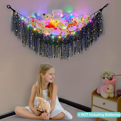 FIOBEE Stuffed Animals Net or Hammock with LED Light, Toy Hammock Hanging Stuffed Animals Storage Organizer Holder Room Décor for Nursery Kids Bedroom