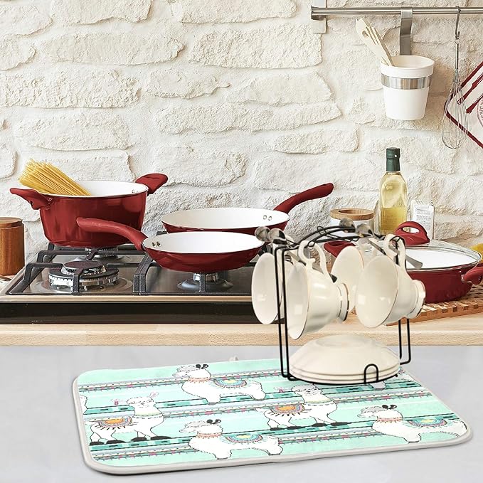 ZzWwR Tribal Cute Cartoon Llama Green 16 x 18 Inches Absorbent Dish Drying Mat Microfiber Kitchen Countertop Table Protector Multi-Purpose Counter Rack Sink Drainer Pad