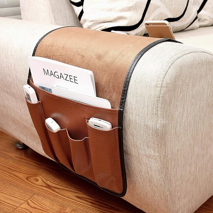 IPENNY No-slip Leather Sofa Couch Remote Control Holder Chair Armrest Caddy Pocket Organizer Storage Bag for Cellphone Tablet Notepad Book Magazines DVD Eyewears Drinker Snacks Holder Pouch