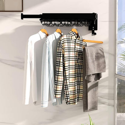 Clothes Drying Rack, Wall Mounted Laundry Drying Rack, Upgrade 3-Fold Foldable Collapsible Retractable Clothing Drying Rack with 12 Dual Hooks Organization for Laundry Room Indoor- Black