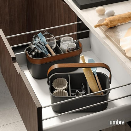 Umbra Bellwood Stackable Bin, 11" x 7" Durable Lightweight Container with Wooden Handle and Removable Dividers, Black/Walnut