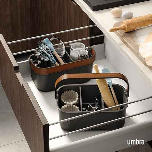 Umbra Bellwood Multipurpose Caddy Organizer with Handle, Desk, Makeup, Dorm Caddy, Kitchen Cabinet Organizer, Black/Walnut (Pack of 2)