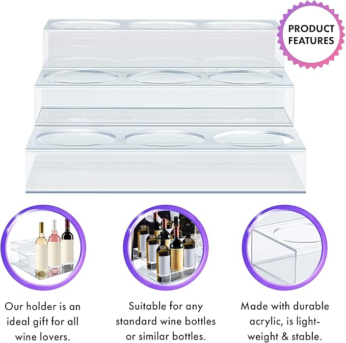 Acrylic Coffee Syrup Organizer Rack | 9 Bottle, 3 Tier Rack | Bar Counter-Top Display Stand | Kitchen, Pantry, Fridge Storage Organizer for Syrups, Wine, Soda, Beer