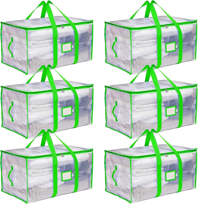CLOZZERS Storage and Moving Bags - Heavy Duty, Dust Protection and Water Resistant, Durable Zipper Closure and Sturdy Handles Best Moving Boxes Alternative (Green, 6 Pack)