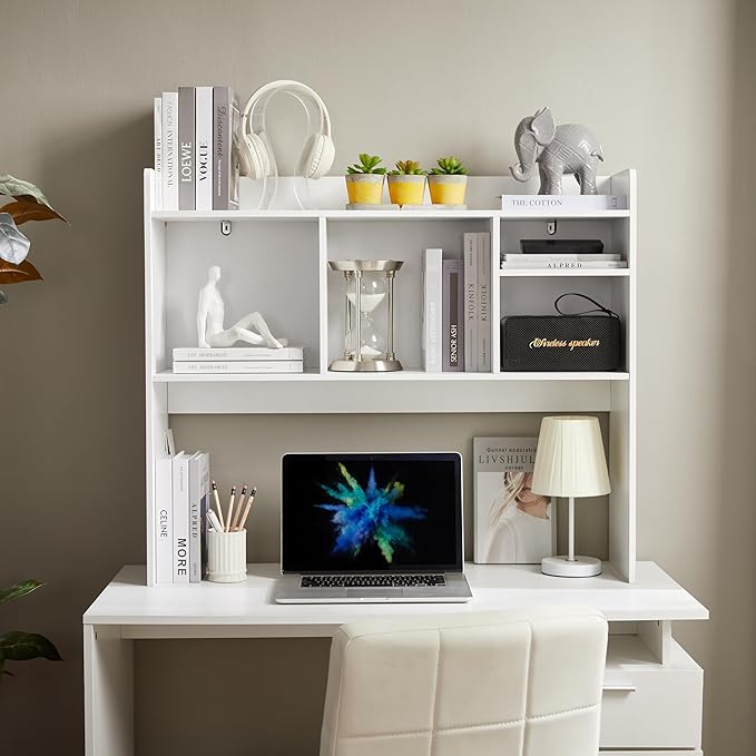 Desktop Bookshelf, Wooden Desk Storage Hutch with 6 Shelves for Computer Desk, 3-Tier Desktop Display Organizer Rack for Office Home (White)