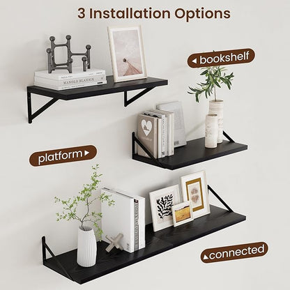 Axeman Deep Floating Shelves Black- 24 Inch Wide x 12 Inch Deep Wall Shelves Set of 2 - Black Wood Wall Shelves for Living Room Bedroom Laundry Room