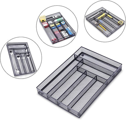 WuGeShop Desk Drawer Organizer with 6 Compartments, Mesh Drawer Organizer Tray for Stationery, Office Supplies Desktop Storage, Black