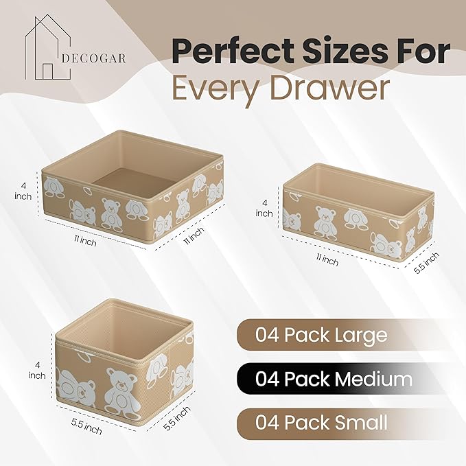 Drawer Organizer – 12 Pack Foldable Light Brown Fabric Storage Bins with White Bears | Baby Clothes, Diapers, Towels, Socks & Toys Organizer for Nursery, Dresser, Closet & Bedroom