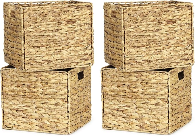 4 Pack 13 x 11in Rectangular Wicker Storage Bins, Water Hyacinth Baskets, Foldable Wicker Baskets, Storage Basket with Built-in Handles, Handwoven Natural Basket for Shelves, Outdoor