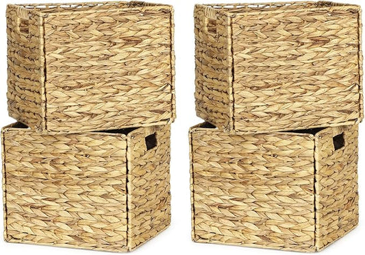 4 Pack 13 x 11in Rectangular Wicker Storage Bins, Water Hyacinth Baskets, Foldable Wicker Baskets, Storage Basket with Built-in Handles, Handwoven Natural Basket for Shelves, Outdoor