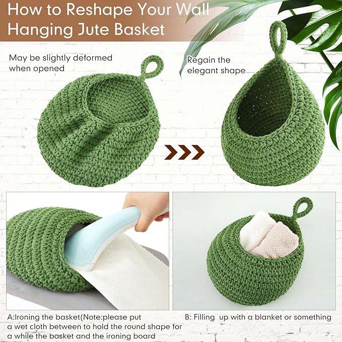 Honeydak Boho Decor Hanging Wall Baskets for Kitchen 3 Pack Teardrop Baskets with Hooks Storage Fruit Onion Vegetable Potato for Home 3 Sizes(Sage Green,Cotton Rope)