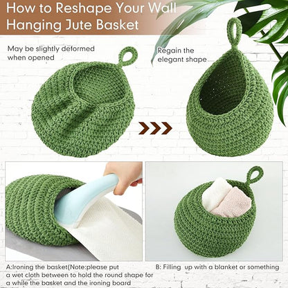 Honeydak Boho Decor Hanging Wall Baskets for Kitchen 3 Pack Teardrop Baskets with Hooks Storage Fruit Onion Vegetable Potato for Home 3 Sizes(Sage Green,Cotton Rope)
