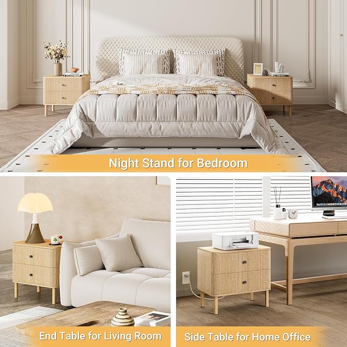 FavourLife Night Stand with Charging Station, 24" Large Fluted Nightstand with Rounded Corners & Solid Wood Legs, 2 Drawers End Table, Mid Century Modern Bedside Table for Bedroom, Natural Oak