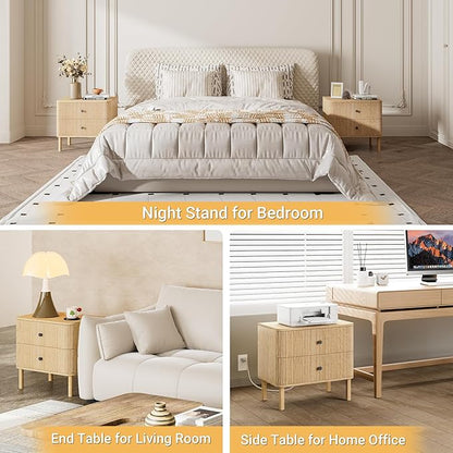 FavourLife Night Stand with Charging Station, 24" Large Fluted Nightstand with Rounded Corners & Solid Wood Legs, 2 Drawers End Table, Mid Century Modern Bedside Table for Bedroom, Natural Oak