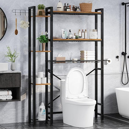 Insdiy Over The Toilet Storage with Side Shelf, 7 Tier Bathroom Organizer Rack with Paper Holder, Hooks and Basket, Freestanding Above Toilet Shelf for Laundry, Quick Interlock Install (Vintage Brown)