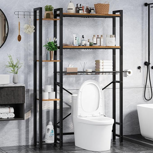 Insdiy Over The Toilet Storage with Side Shelf, 7 Tier Bathroom Organizer Rack with Paper Holder, Hooks and Basket, Freestanding Above Toilet Shelf for Laundry, Quick Interlock Install (Vintage Brown)