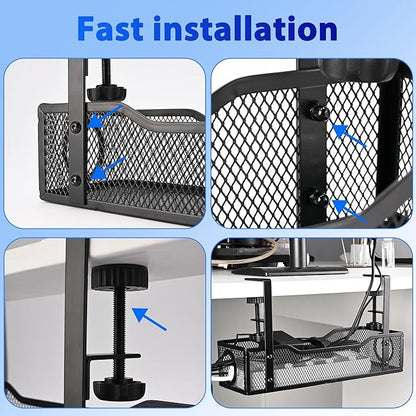 Under Desk Cable Management Tray Small – Clamp-Mounted Wire Organizer & Cord Management Under Desk Holder, No-Drill Metal Cable Tray for Home Office (Black)