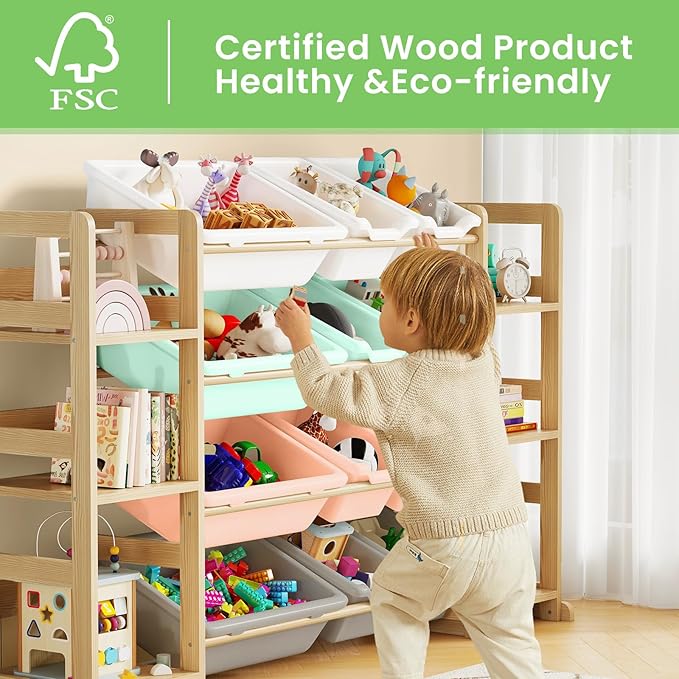 Extra Large Toy Storage - Toy Storage Organizer, Wooden Toy Organizer with 6 Side Shelves and 12 Bins, 3-in-1 Bookshelf for Kids Rooms, Playroom, Nursery, Multi Color