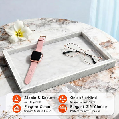 MARBLOC 12"x8" Marble Tray White Rectangular Bathroom Tray countertop, Vanity & Kitchen | Includes Mirror Wiper and Wash Towel | Decorative Organizer for Perfume, Jewelry & Home Decor